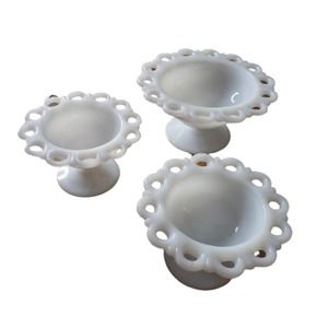 VINTAGE Bowl Set Milk Glass ANCHOR HOCKING Old Colonial Open Lace 3 Pc
